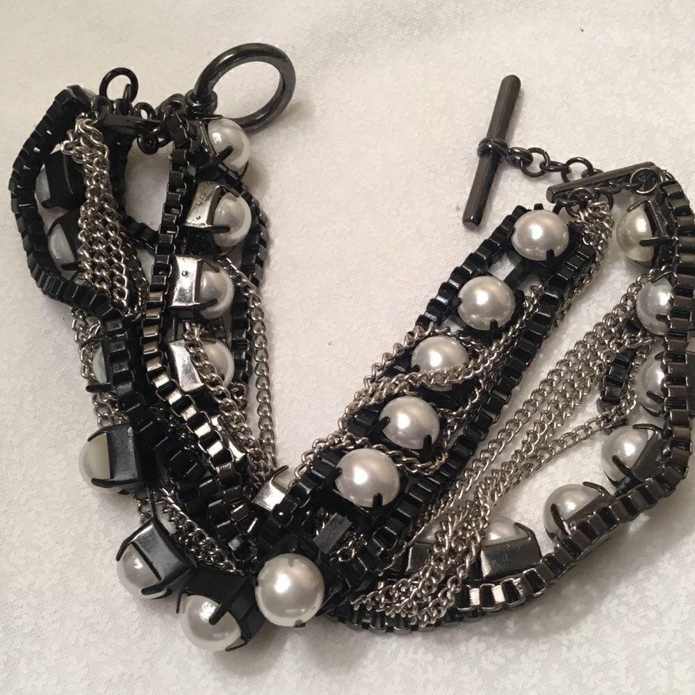 Great Multi Strand Black, Silvertone and Faux White Pearls Bracelet